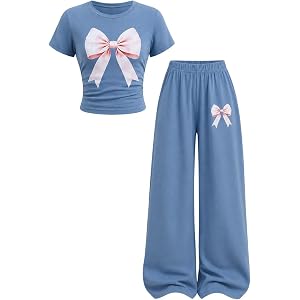 Lianpyxa Teen Girl Clothes Bow Graphic Short Sleeve T-Shirt Top+Wide Leg Pants 2 Piece Outfit Set Size 7-14