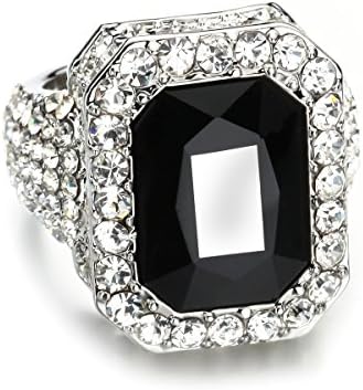 Angelcrab Men's Gift Iced Out Black Onyx Stone Rhinestone Silver Band Ring