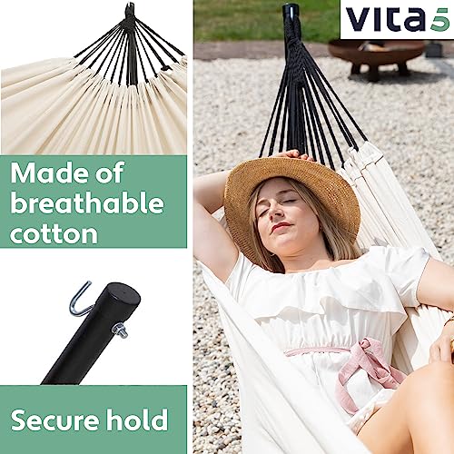 Vita5 Hammock with Stand - Adjustable Frame 290-330cm - Large 80% Cotton 20% Polyester Hammock for Garden, Patio, Balcony and Camping - Portable with Carry Bag