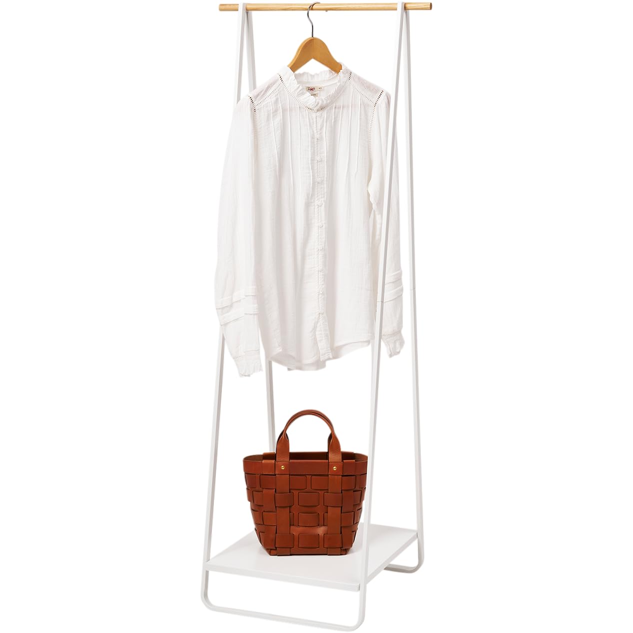 Yamazaki Home Freestanding Coat Hanger Clothes Rack with Shelf Steel One Size White