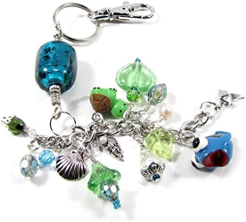 Handmade, Unique, Seashore Keychain or Purse Charm Clip with Large Swivel Clasp, Charms and Glass beads, Qty. 1