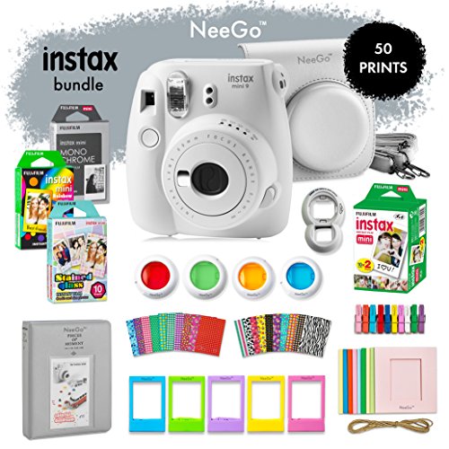 NeeGo Instax Mini 9 Instant Camera Bundleâ€“Deluxe Kit with Camera, Matching Case & 4 Fun Film Packsâ€“Rainbow, Stained Glass, Monochrome & White 50 Exposures for Instant Creative Photos-Smokey White