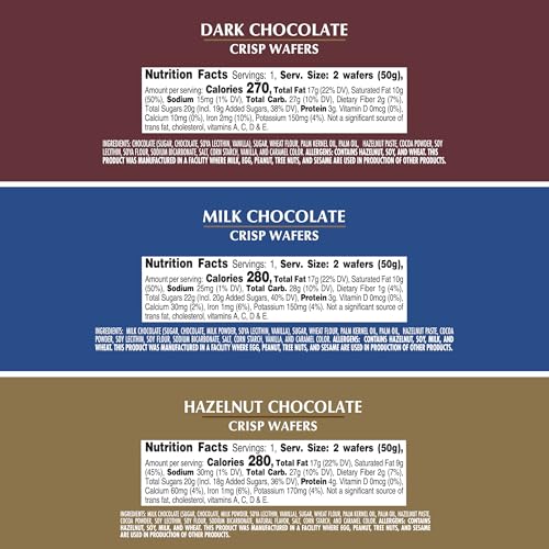 TOGGI FINE EUROPEAN CHOCOLATE WAFERS, VARIETY SNACK BOX, STOCKING STUFFERS, MILK CHOCOLATE, DARK CHOCOLATE, AND HAZELNUT (1.75 OZ 9 COUNT)