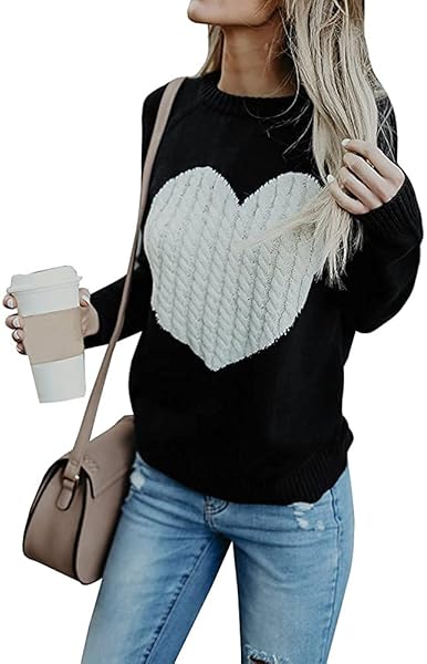 VALPHSIO WOMENS CABLE KNITTED HEART PATCHED LONG SLEEVE RAGLAN SLEEVE PULLOVERS LOOSE JUMPER SHIRTS BLACK