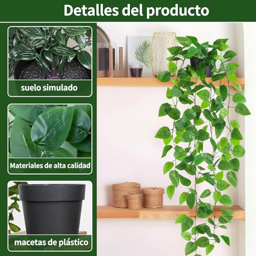 4 Piezas Plantas Colgantes Artificiales,Planta de Vid Adornos,Enredaderas Artificiales con Macetas,Hojas Falsas Decorativas,Decoración de Interior y Exterior,Para bodas,terrazas, casas,dormitorios