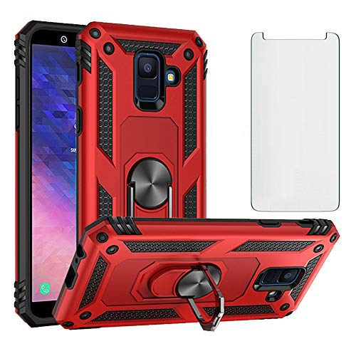 Phone Case for Samsung Galaxy A6 Cover with Tempered Glass Screen Protector Stand Ring Holder Shockproof Silicone Heavy Duty Accessories Magnetic Metal Hard Glaxay A 6 2018 SM-A600FN Girls Red