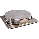 PosterPapaa Stainless Steel Coasters – Set of 6 Round Drink Coasters with Holder & Sponge Bottom | Anti-Slip, Rust-Resistant Tabletop Protection for Home, Kitchen, Dining & Office Use (Steel Round)
