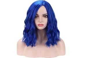 BERON 14 Inches Blue Wig Short Curly Wig Dark Blue Bob Wig Charming Women Girls Beach Wave Wigs for Cosplay Costume Party Wig Cap Included