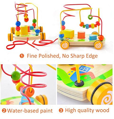 Wooden Toy Bead Maze Toys Coaster Rolling with Pull Along String Rope and Shape Sorter puzzle for Kids Early Education