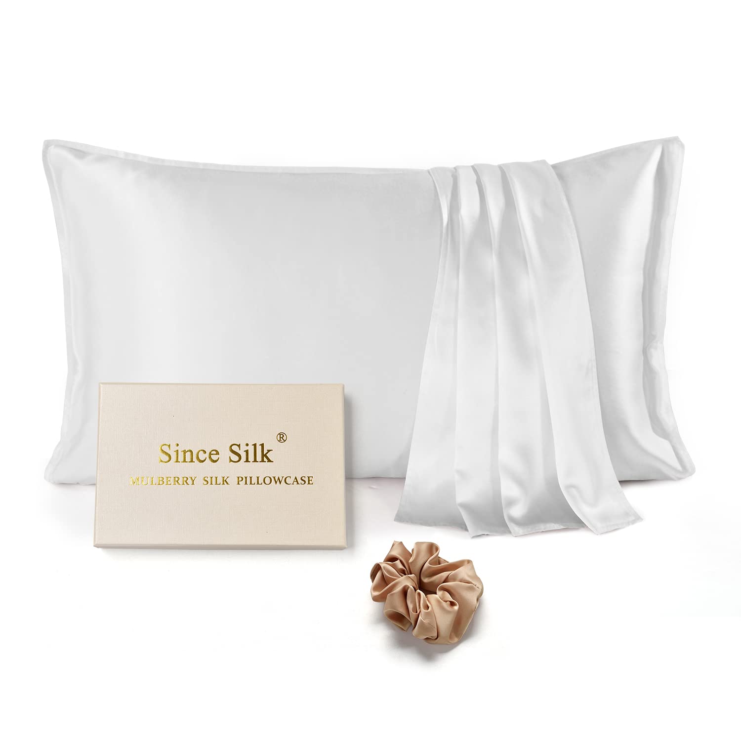 Since 100% Mulberry Silk Pillowcase 22 Momme, Both Sides With Hidden Zipper, 1PC Housewife Pillow Cover for Hair and Skin, Gift Box (Standard 50x75cm, White)