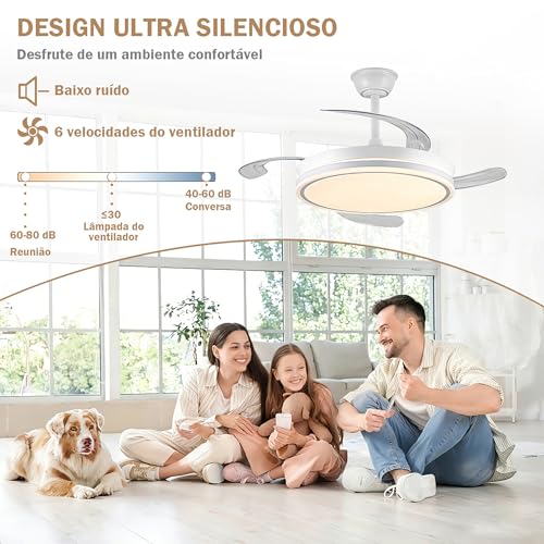 Ventilador de Teto Retrátil 42'' com Luz LED e Controle Remoto, Bivolt 110V/220V, Branco