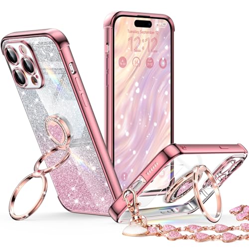 XYZ for iPhone 14 Pro Max Case with Stand, Phone Case with Double Ring Kickstand, Women Girls Bling Luxury Glitter Clear Phone Case Cover Heart for iPhone 14 Pro Max, Rose Gold