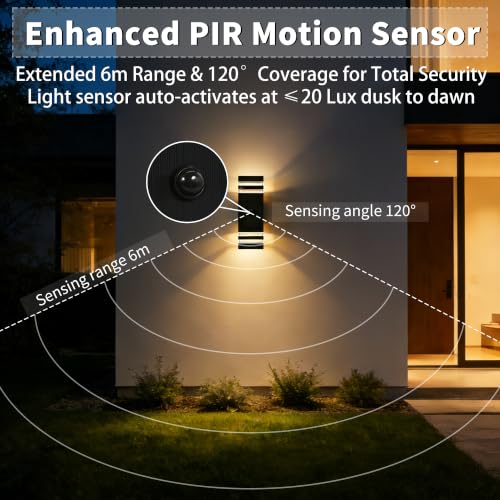 YOVGQOLV PIR Outdoor Wall Lights with Motion Sensor, IP54 Waterproof Up Down Outside Light Mains Powered Square Front Door Porch Light Exterior Sconce Lamp Included 2x5w 3000K GU10 Bulb, Black