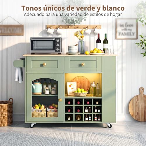 SIMPLE ESPACIO Isla de Cocina,Isla Cocina Está Equipada con una Mesa Plegable,Enchufes y Tiras de Luces,un Botellero y un Estante para Condimentos,Armarios y Cajones,Asas y Ruedas(Blanco-Verde)