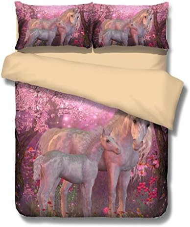 Home Secret Boys Kids 3D Bedding Sets Horse in the Flowers Twin 2pc Duvet Cover Pillowcase Colorful Pink