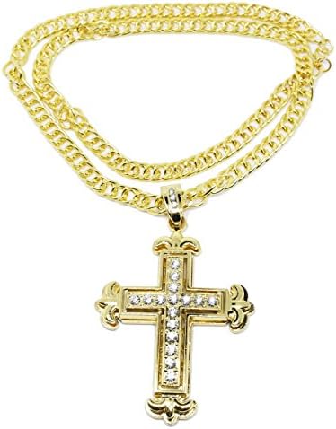 Jofook-Mens Gold Iced Out Cross Pendant Hip-Hop 30" Inch Cuban Necklace Chain K2 (gold)