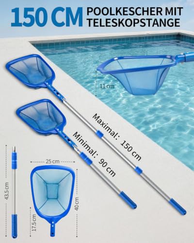MRUN BONE Pool Kescher Feinmaschig Poolkescher 150 cm Poolnetz mit Teleskopstange Fein Netz für Pool, Schwimmbad, Teich, Aufstellpool, Planschbecken, Algen, Aufblasbarer Pool