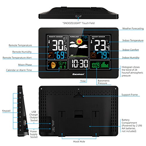 Excelvan Digital Wireless Weather Station with Large LCD Color Display, Barometer for Weather Forecast with Indoor and Outdoor Sensor, Temperature Humidity Monitor, Alarm Clock, Black