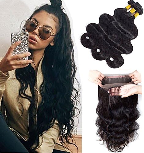 Sweetie Hair 360 Frontal with Bundles Body Wave Brazilian Human Hair 3 Bundle with 360 Lace Frontal Closure for Women Free Part with Baby Hair Natural Color (20 20 20 with 18)