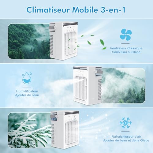 3-in-1 Mini Portable Air Conditioner, 1L Water Tank, 4 Adjustable Speeds 3 Timers, Built-in RGB Light, Silent Mobile Air Conditioner with Remote Control for Home, Office