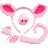 Tedercle 4 Pieces Pig Ears Headband Costume Accessories Set – Pink Pig Ears Headwear, Nose, Curly Tail, and Bow Tie for Halloween, Animal Dress-Up, Farm Theme Party Supplies, and Cosplay