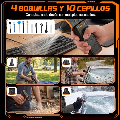 Nasjac Soplador de Aire Inalambrico de 140000RPM(8000mAh), 17 en 1 Plumero de Aire Comprimido Eléctrico, para limpiador Teclado y PC, Teclado, Auto y Asador | 8000mAh, 140000RPM, El motor admite ajuste continuo de velocidad