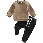 Toddler Baby Boy Clothes Solid Color Long Sleeve Crewneck Sweatshirt Top Casual Pants Set 2Pcs Fall Winter Outfits