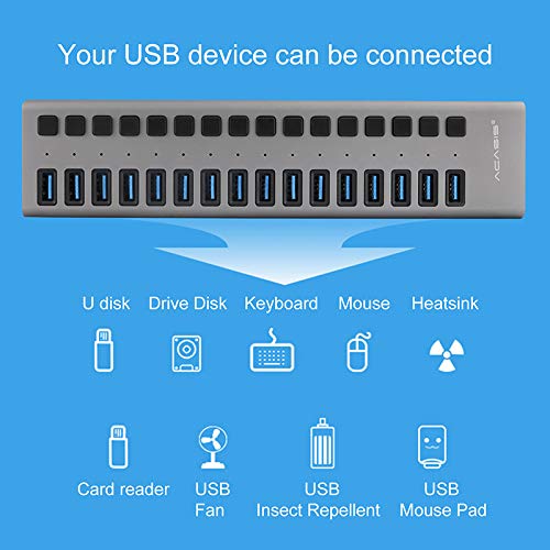 USB 3.0 Hub,16 Port USB Hub with Power Adapter/ Charging Port/ Individual Power Switches for