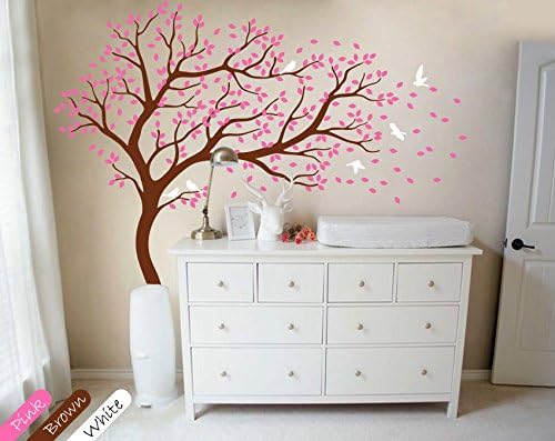 Nursery Wall Sticker -White Tree And Flying Birds Blossom Tree Wall Decal -Tree Mural For Kids Room (Brown truck pink leaves - Right Facing)