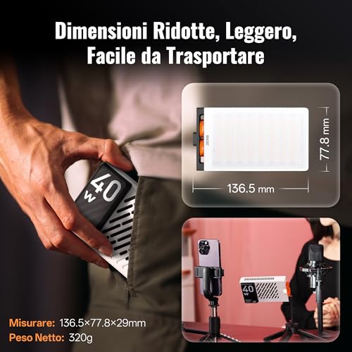 ZHIYUN FIVERAY M40 [Official] LED Video Light, 40w Portable Camera Light, 14000 Lux, CRI≥96, TLCI≥97, Photography Lighting for Live Streaming/YouTube/TikTok, 320g