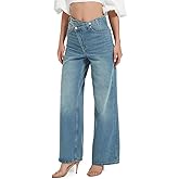 ZCKZUK Women's Chic Loose Wide-Leg Denim Jeans High Waist Casual Jeans, Asymmetrical Style (US, Alpha, Medium, Regular, Regular, Blue)