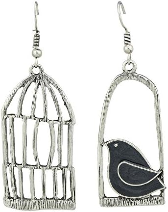 Feelontop Retro Rosegold Silver Metal Birdcage Blue Black Bird Asymmetric Earrings with Jewelry Pouch (silver)