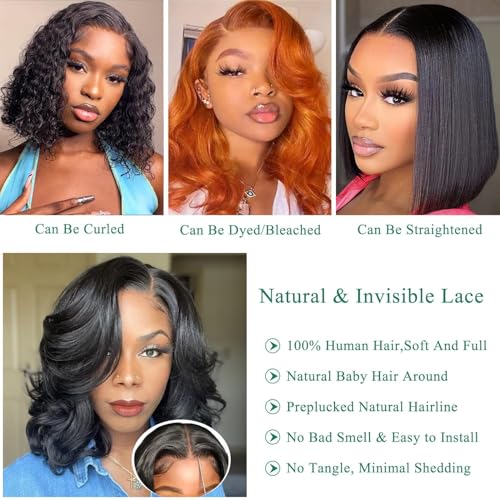 Human Hair Wig Glueless Wear and Go 4x4 Pre Cut Lace Front Body Wave Wig Brazilian Straight Bob Pre Plucked Brazilian Natural Hairline for Women 180% Density 16 inch (40cm)