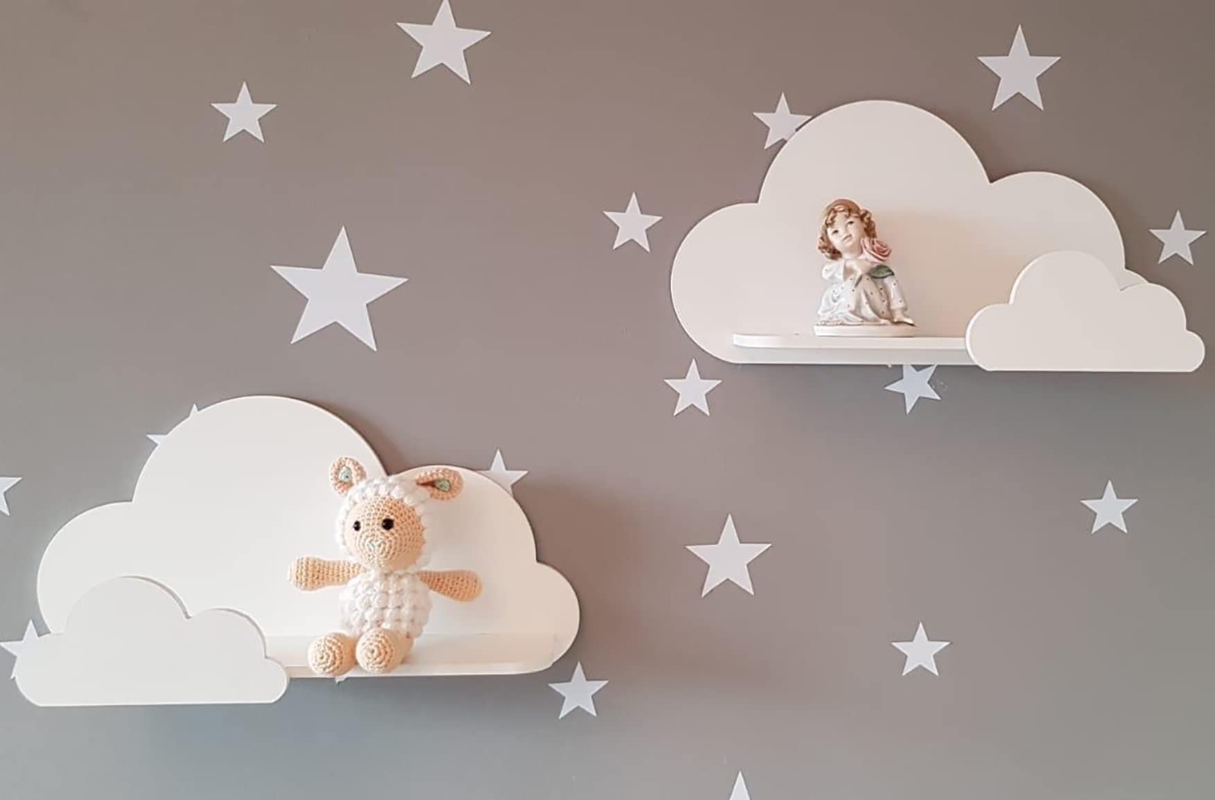 Set of 2 Happy Woody Cloud Wall Shelves for Nursery/Wooden Floating Shelf/Baby Room Decor/Children's Shelves/Kids Room Decoration/Gift Set (White)