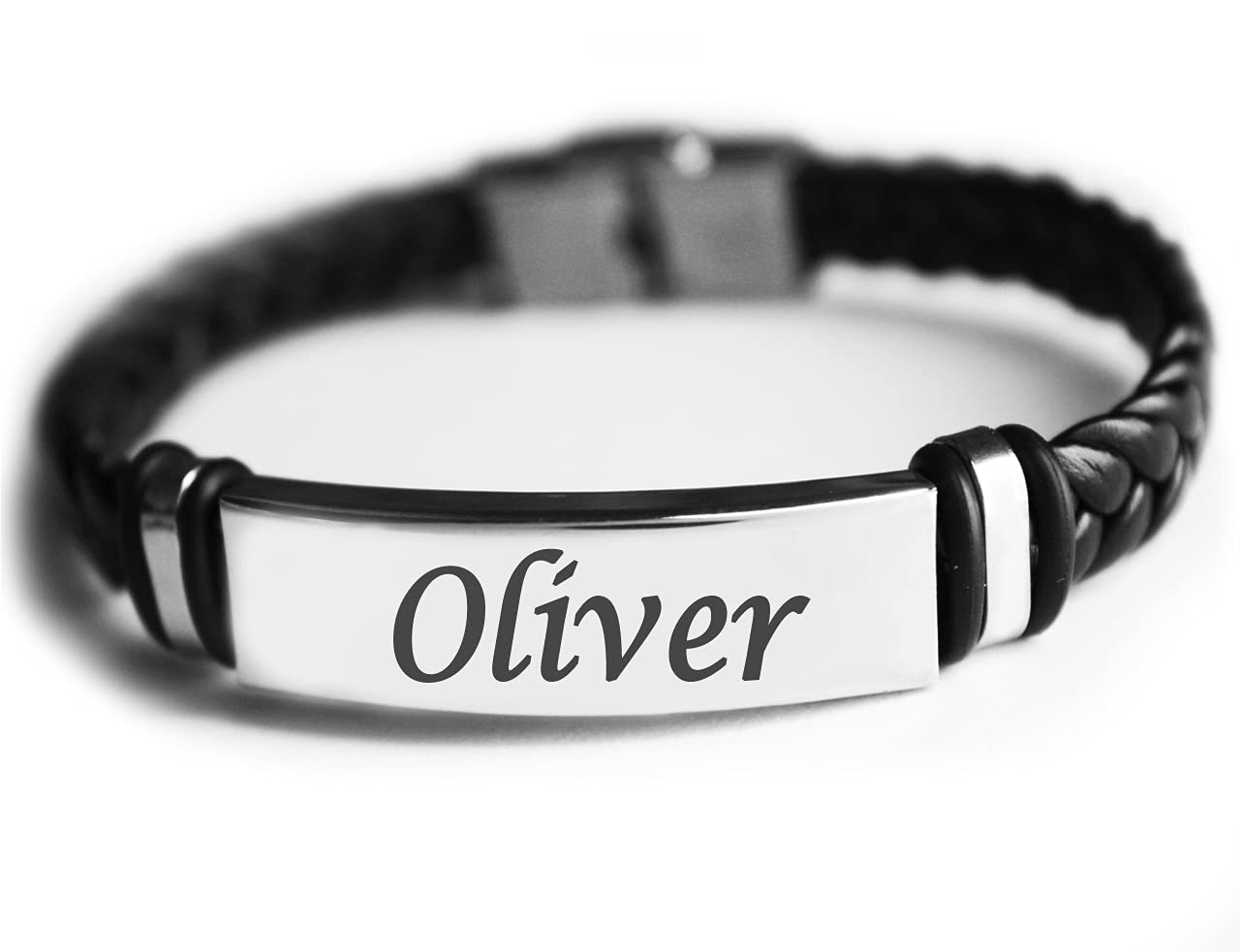 Kigu Name Bracelet OLIVER - Personalised Mens Leather Braided Engraved Bracelet - Gift For Men - Birthday, Christmas and Anniversary