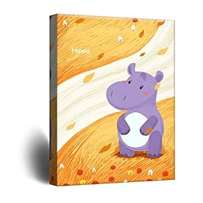 Cute Cartoon Animals Canvas Wall Art - A Purple Hippo on Yellow Riverbank - Giclee Print Gallery Wrap Kid