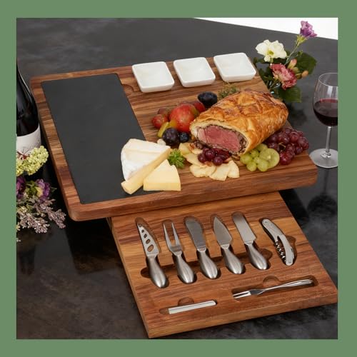 Louis Donné Premium Bamboo Cheese Board Knife Set - 5 Stainless Steel Knives 100% Natural Organic Bamboo Charcuterie Platter Multi Serving Tray for Cheese Meat for Christmas Weddings