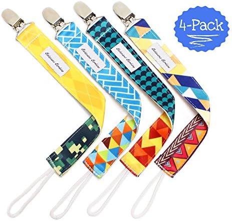 B.B. Pacifier Clip 4-Pack | 2-Sided Binky Clips for Baby Boys | Universal Strap/Holder/Leash for Soothies, Teethers, &amp; Pacifiers by Bodacious Bambino