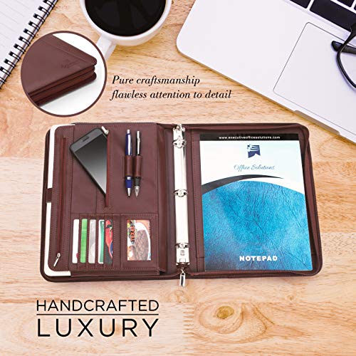 Professional Business Padfolio Portfolio Organizer Interview Folder with Notepad and Removable 3 Ring Binder, Card Slots, Multiple Zippered Pockets - Almond Brown Synthetic Leather