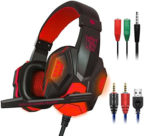 maxin Gaming Headset for Laptop Computer, Cellphone, PS4 and so on, 3.5mm Wired Noise Isolation Gaming Headphones with Mic and LED Light- Volume Control.(Black and Red)