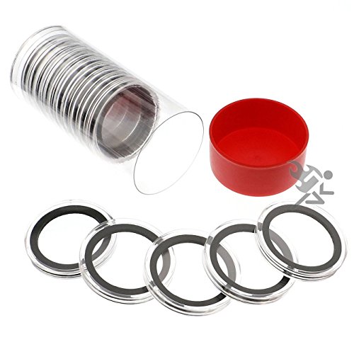Red Lid Capsule Tube & 15 Air-Tite X40mm Black Ring Coin Holders