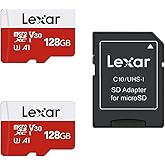 Lexar E-Series 128GB Micro SD Card 2 Pack, microSDXC UHS-I Flash Memory Card with Adapter, 100MB/s, C10, U3, A1, V30, Full HD, 4K UHD, High Speed TF Card