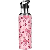 Bow Cherry Pink Water Bottles for Boys Kids Thermos Bottle Cups with Straw Lid Insulated Stainless Steel Leakproof Water Flask Jug 20 oz
