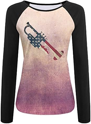 FRAD LOP Trumpet American USA Flag Women's Round Neck Raglan Sleeve Long T-Shirt Blouse Tops Casual Teen Girls Tees XL