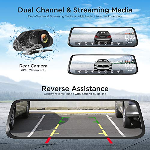 Rove M3 Streaming Mirror Dashboard Camera, FHD 1080p Front and Rear View 9.66 Inch Touch Screen Monitor Dual Lens Dash Cam with Built in Backup Camera, GPS Player, Parking G-Sensor, Motion Detection