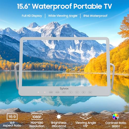 SYLVOX Smart Portable TV, 15.6'' Rechargeable Television 12V 10000mAh Battery Operated TV, IP66 Waterproof, Wireless, Google Assistant, Small Television for Bedroom Bathroom Kitchen Camping