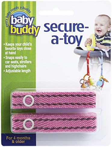 Baby BuddySecure-a-Toy, Adjustable Pacifier and Teether Strap for Stroller, Highchair, and Car Seat, Pink with Brown Stitch, 2 Pack