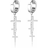 Cross Tassel Huggie Hoop Earrings Stainless Steel Gothic Punk Cool Layered Triple Cross Chain Fringe Religious Long Hinged Dangle Drop Earrings for Men Women Unisex Hip Hop Fashion Jewelry Gifts