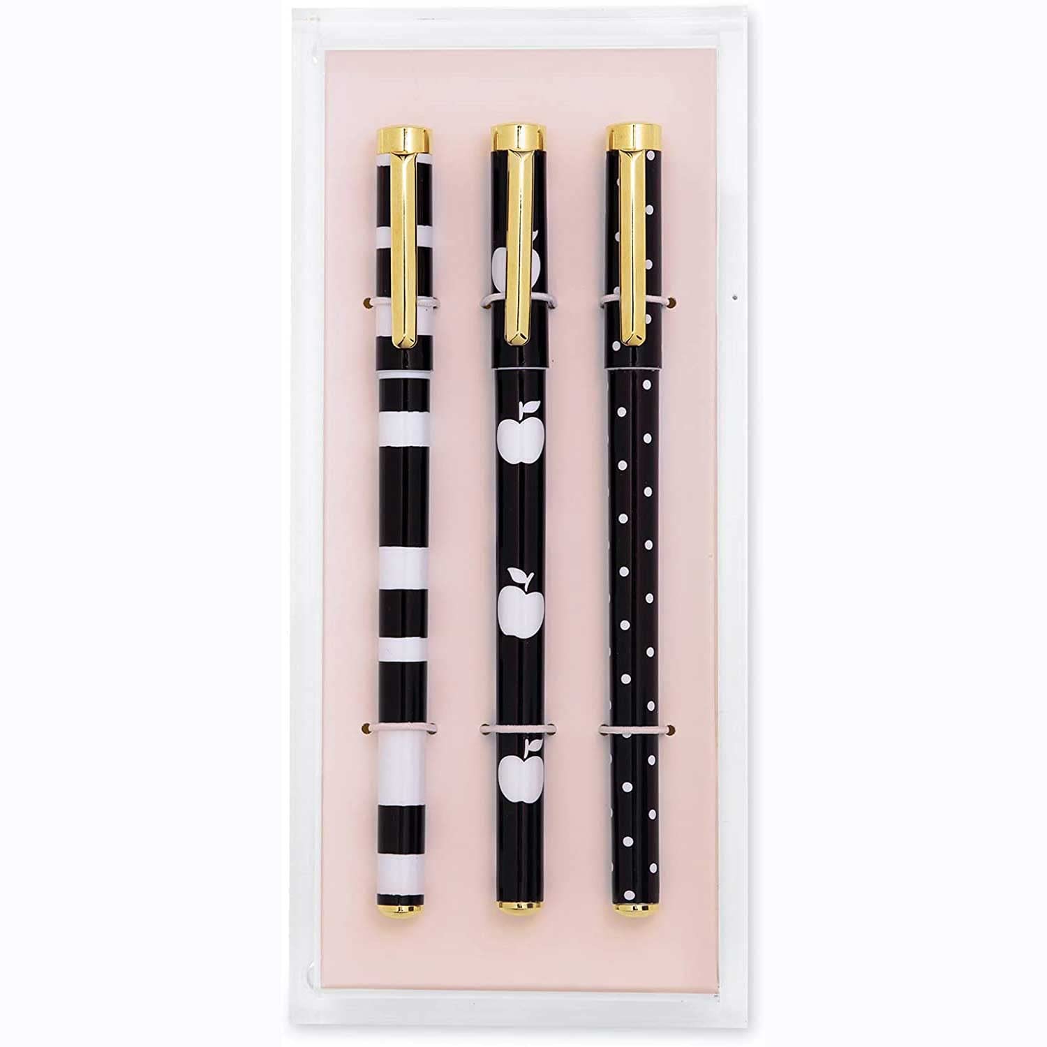 Kate Spade New York Fine Tip Pen Set of 3, Black Ink Pens with Acrylic Desk Organizer Tray (Dots and Stripes)