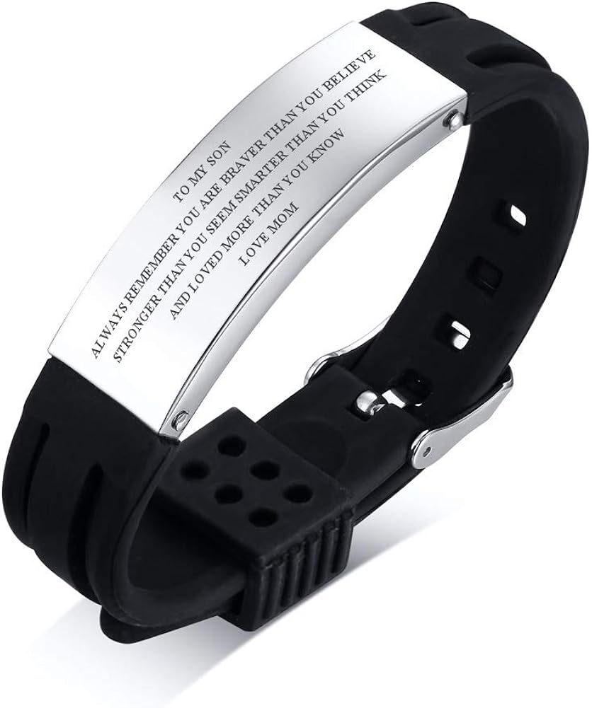 To my Son Bracelet : Engraved Always Remember You Are Braver Courage Inspirational Love Message From Mom Dad Silicone Bracelets Birthday Chirstmas Day Graduation Inspiration Gift For Men Teens